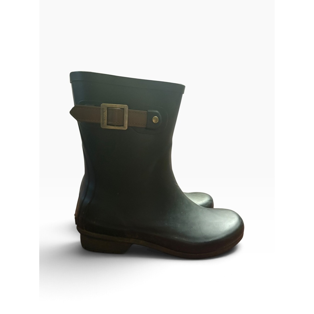 Chooka Downtown Mid-Black Women Rain Boots Size 8 Waterproof Buckle Detail